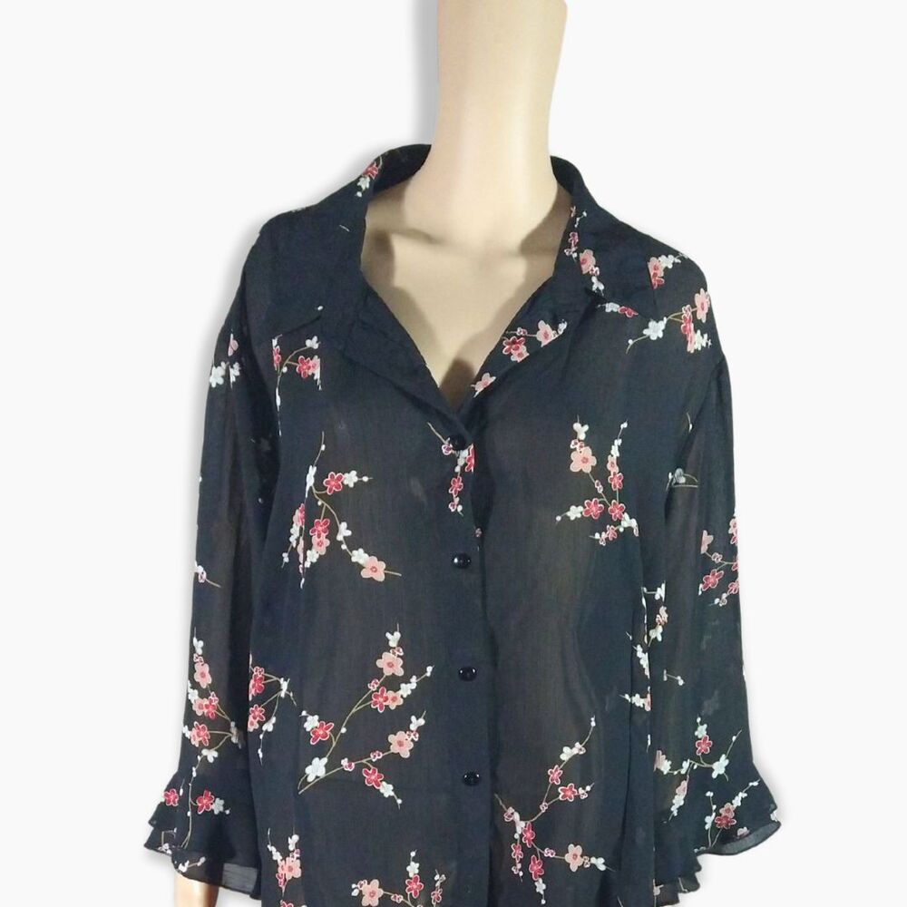 Rebecca Jones Women’s 3X Sheer Floral Blouse – Black Long Sleeve Button-Up Top